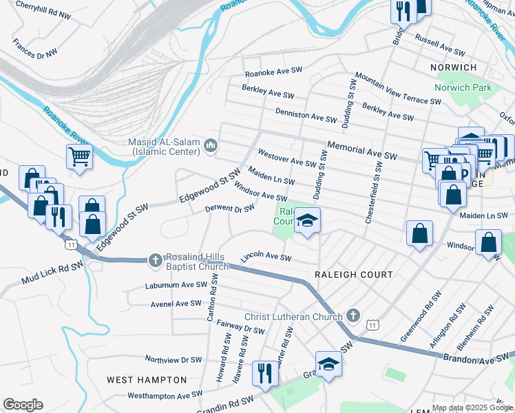 map of restaurants, bars, coffee shops, grocery stores, and more near 2516 Derwent Drive Southwest in Roanoke