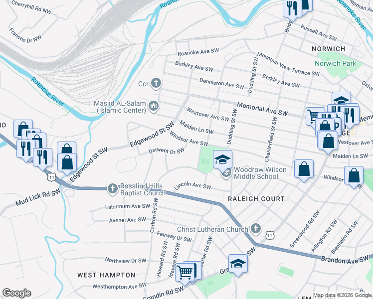 map of restaurants, bars, coffee shops, grocery stores, and more near 2514 Windsor Avenue Southwest in Roanoke