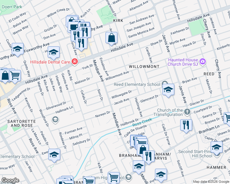 map of restaurants, bars, coffee shops, grocery stores, and more near 1598 Willowbrook Drive in San Jose