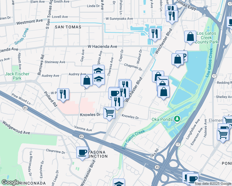 map of restaurants, bars, coffee shops, grocery stores, and more near 674 West Parr Avenue in Campbell