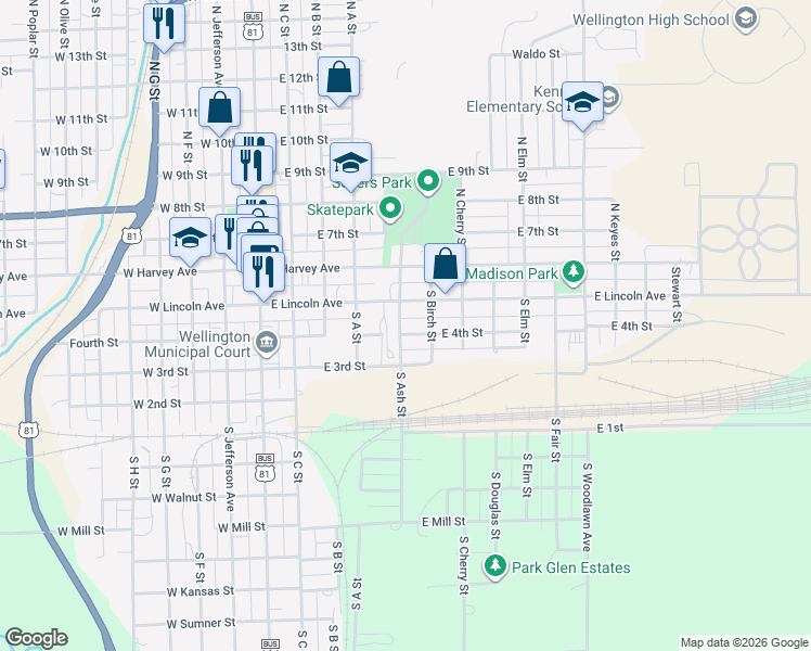 map of restaurants, bars, coffee shops, grocery stores, and more near 500-598 E Lincoln Ave in Wellington