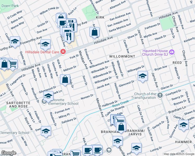 map of restaurants, bars, coffee shops, grocery stores, and more near 1598 Willowbrook Drive in San Jose