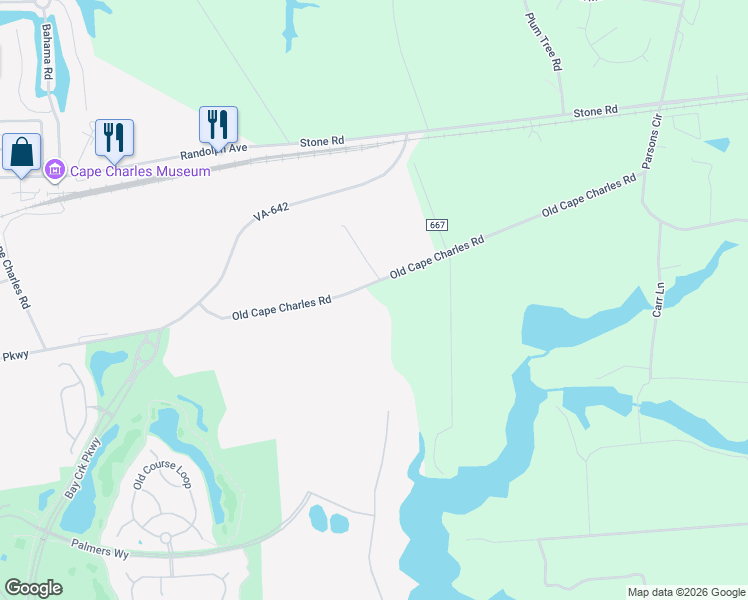 map of restaurants, bars, coffee shops, grocery stores, and more near 2412 Old Cape Charles Road in Cape Charles