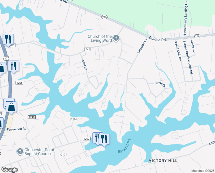 map of restaurants, bars, coffee shops, grocery stores, and more near 1830 Sawgrass Pointe Drive in Gloucester Point