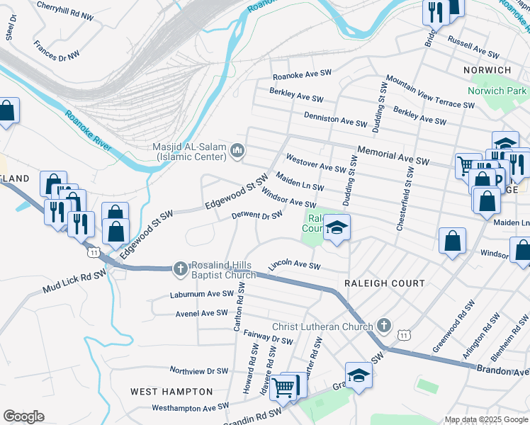 map of restaurants, bars, coffee shops, grocery stores, and more near 2539 Derwent Drive Southwest in Roanoke