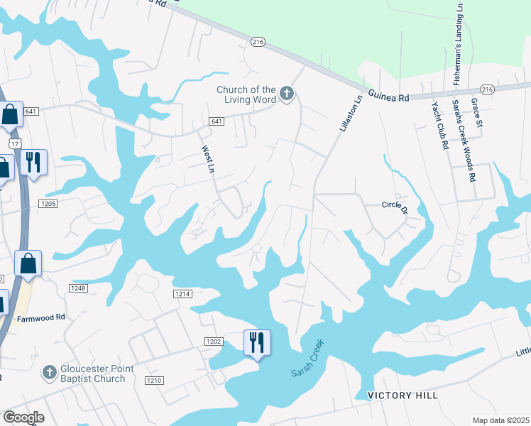 map of restaurants, bars, coffee shops, grocery stores, and more near 1830 Sawgrass Pointe Drive in Gloucester Point