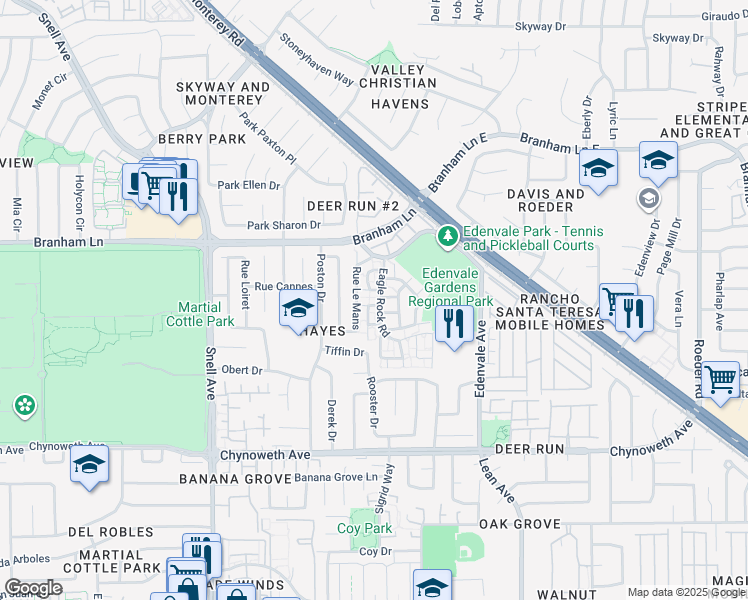 map of restaurants, bars, coffee shops, grocery stores, and more near 4925 Flat Rock Circle in San Jose