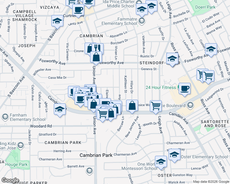 map of restaurants, bars, coffee shops, grocery stores, and more near 3356 Browning Avenue in San Jose