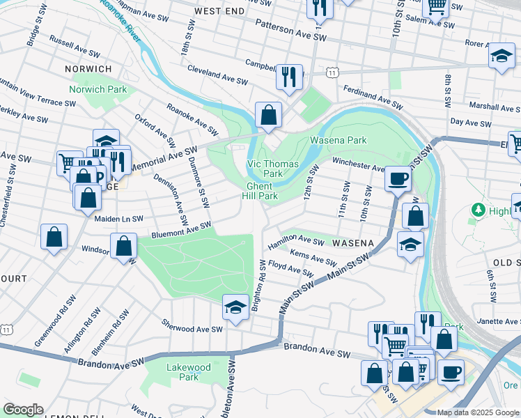 map of restaurants, bars, coffee shops, grocery stores, and more near 1211 Brighton Road Southwest in Roanoke