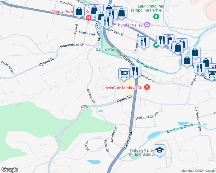 map of restaurants, bars, coffee shops, grocery stores, and more near 2323 Wood Gate Lane in Salem