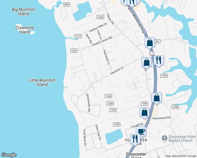 map of restaurants, bars, coffee shops, grocery stores, and more near 7365 Hoefork Lane in Gloucester Point