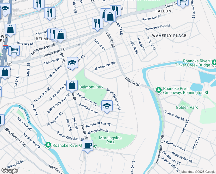map of restaurants, bars, coffee shops, grocery stores, and more near 1356 Morningside Street Southeast in Roanoke