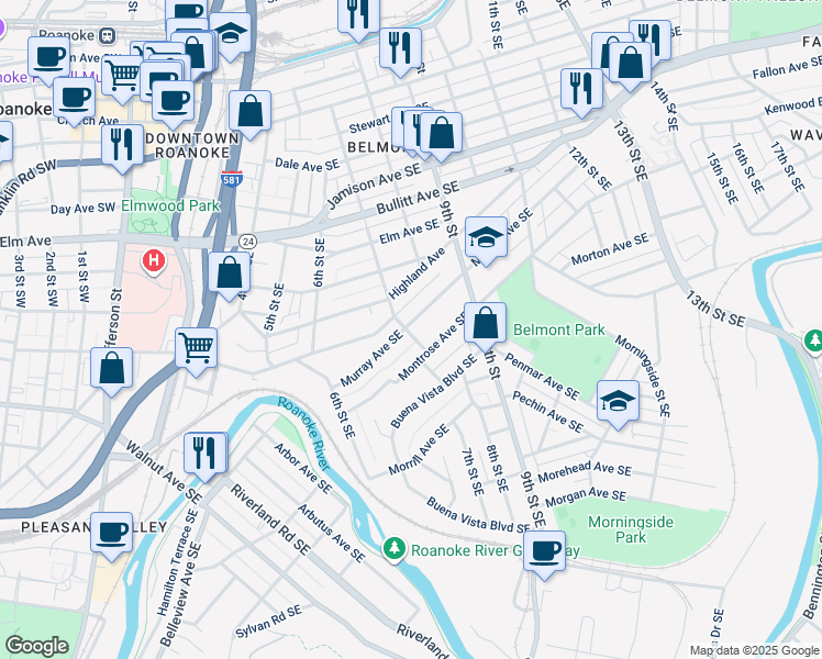 map of restaurants, bars, coffee shops, grocery stores, and more near 701 Murray Avenue Southeast in Roanoke