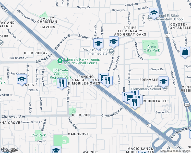 map of restaurants, bars, coffee shops, grocery stores, and more near 5080 Calwa Court in San Jose