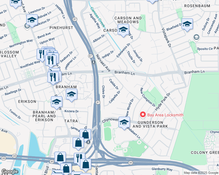 map of restaurants, bars, coffee shops, grocery stores, and more near 614 Biggs Court in San Jose