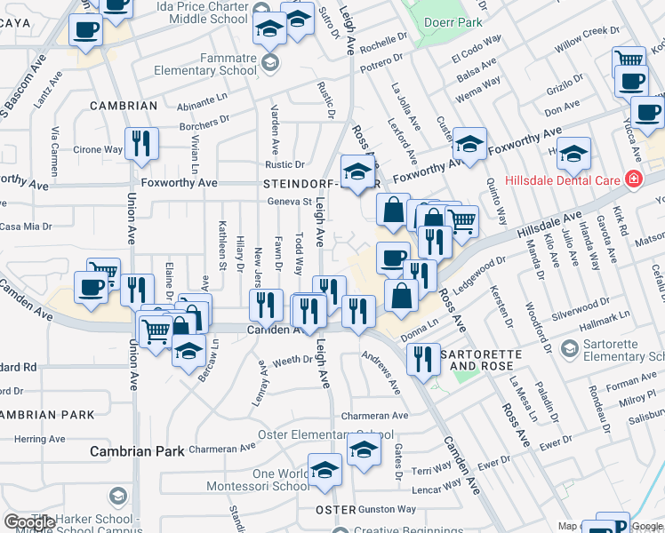 map of restaurants, bars, coffee shops, grocery stores, and more near 3272 Kimber Court in San Jose