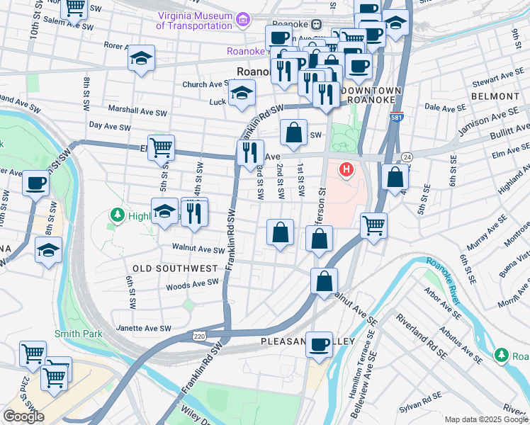 map of restaurants, bars, coffee shops, grocery stores, and more near 212 Highland Avenue Southwest in Roanoke