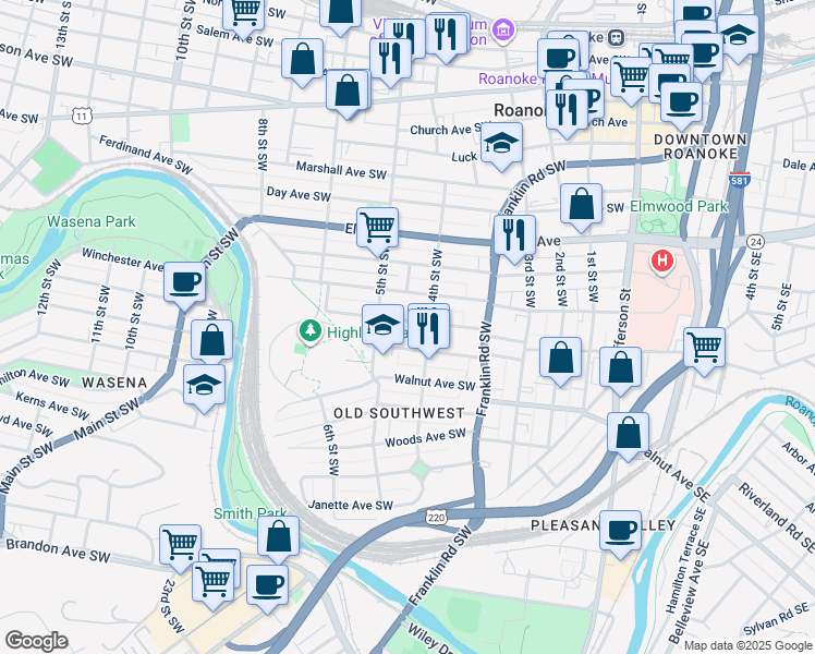 map of restaurants, bars, coffee shops, grocery stores, and more near 425 Washington Avenue Southwest in Roanoke