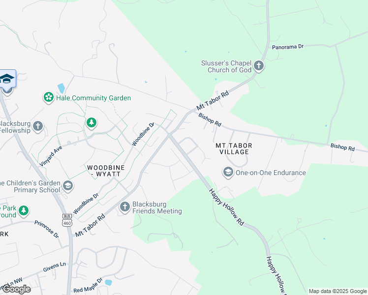 map of restaurants, bars, coffee shops, grocery stores, and more near 1802 Happy Hollow Road in Blacksburg