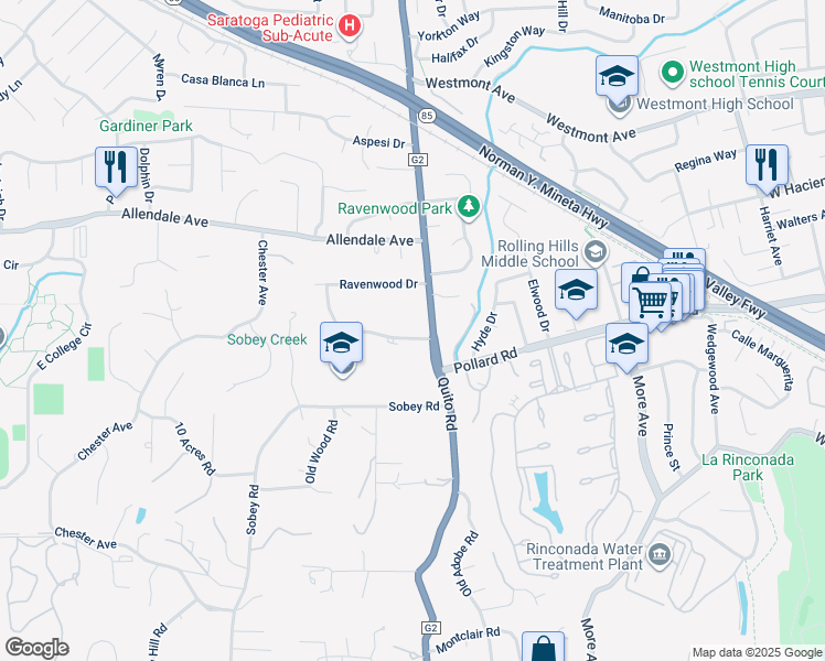 map of restaurants, bars, coffee shops, grocery stores, and more near 14045 Quito Road in Saratoga
