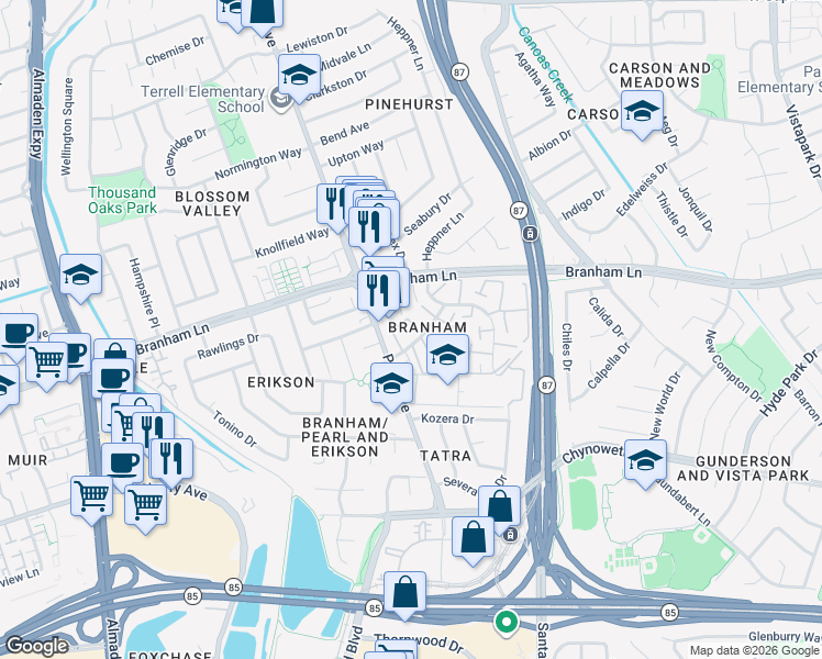 map of restaurants, bars, coffee shops, grocery stores, and more near 4642 Columbia River Court in San Jose
