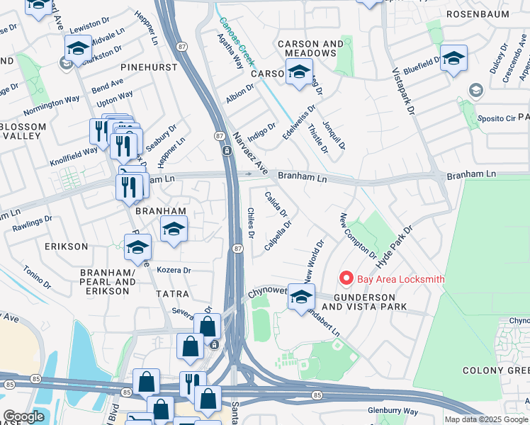 map of restaurants, bars, coffee shops, grocery stores, and more near 614 Biggs Court in San Jose