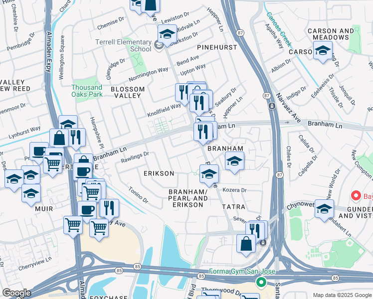 map of restaurants, bars, coffee shops, grocery stores, and more near 883 Calle De Verde in San Jose