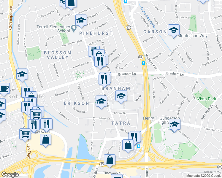 map of restaurants, bars, coffee shops, grocery stores, and more near 4642 Columbia River Court in San Jose
