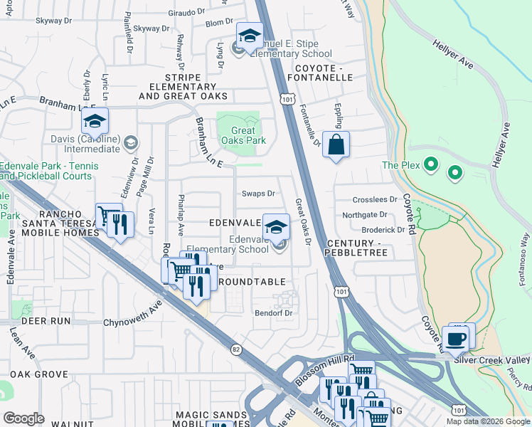 map of restaurants, bars, coffee shops, grocery stores, and more near 351 Indian Broom Drive in San Jose