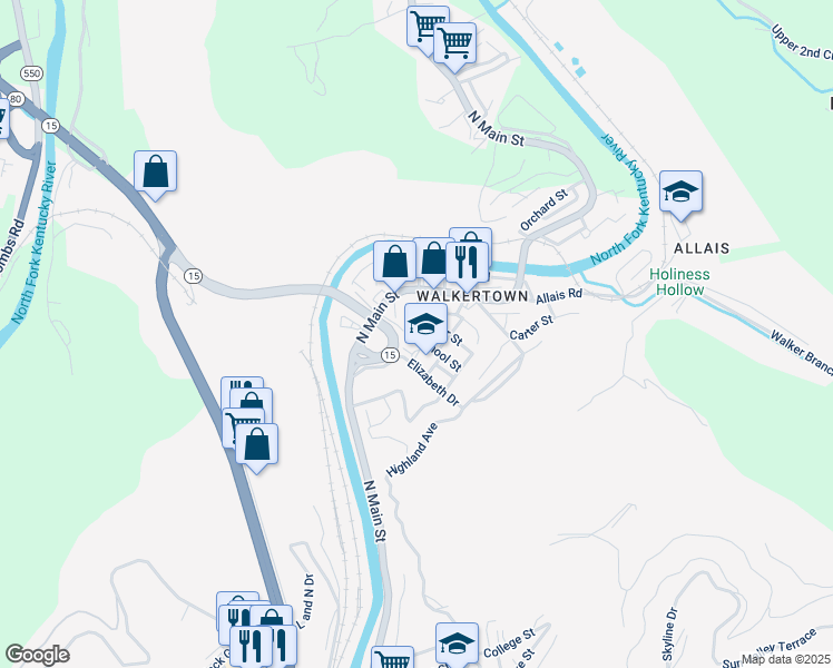 map of restaurants, bars, coffee shops, grocery stores, and more near 300 School Street in Hazard