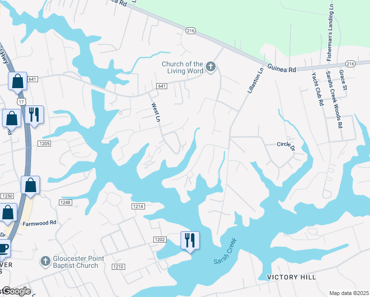 map of restaurants, bars, coffee shops, grocery stores, and more near 1844 Dockside Drive in Gloucester Point