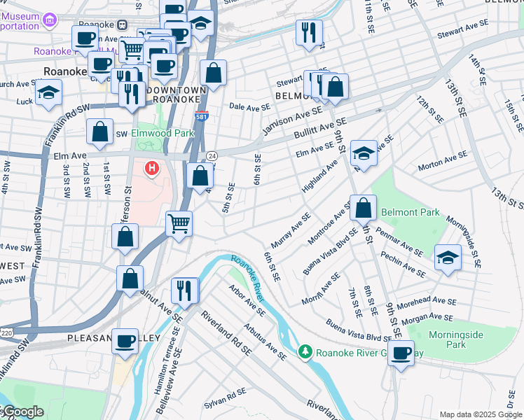 map of restaurants, bars, coffee shops, grocery stores, and more near 607 Highland Avenue Southeast in Roanoke