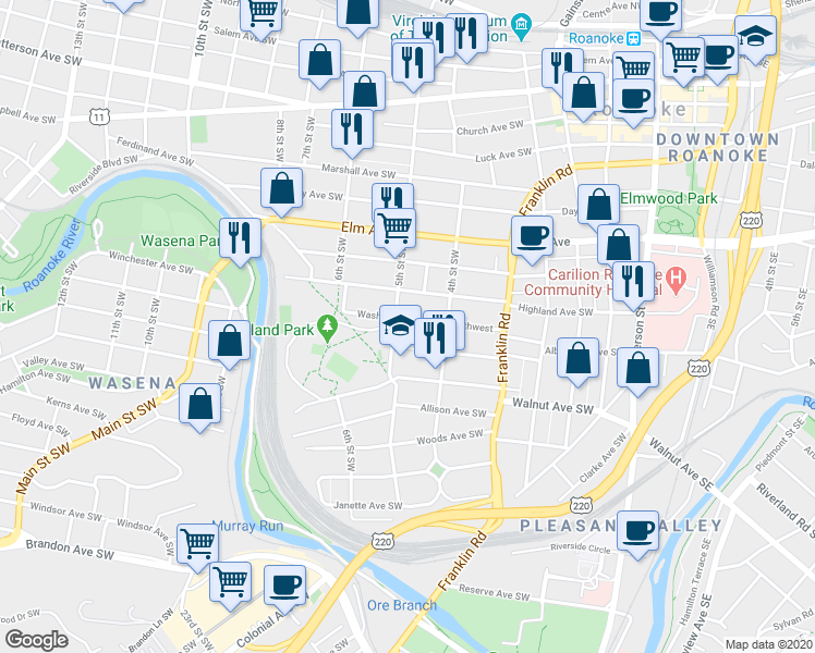 map of restaurants, bars, coffee shops, grocery stores, and more near 434 Washington Avenue Southwest in Roanoke