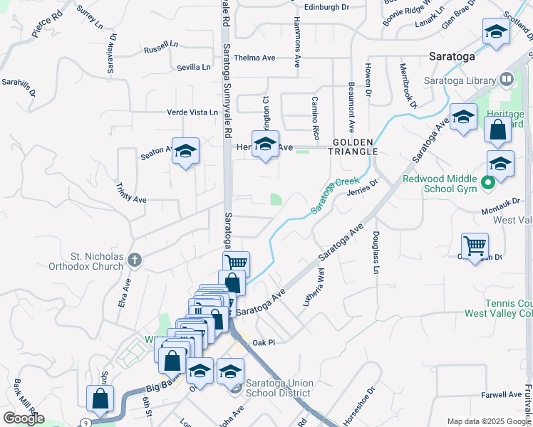 map of restaurants, bars, coffee shops, grocery stores, and more near 20371 Williams Avenue in Saratoga