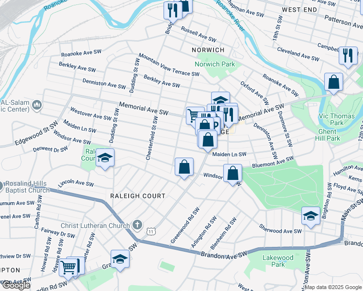 map of restaurants, bars, coffee shops, grocery stores, and more near 2053 Maiden Lane Southwest in Roanoke