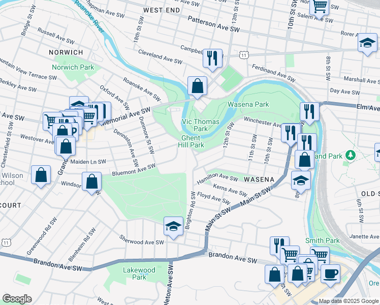 map of restaurants, bars, coffee shops, grocery stores, and more near 1207 Brighton Road Southwest in Roanoke