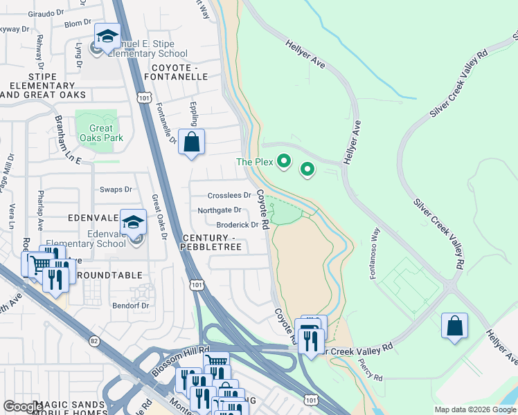 map of restaurants, bars, coffee shops, grocery stores, and more near 536 Crosslees Drive in San Jose