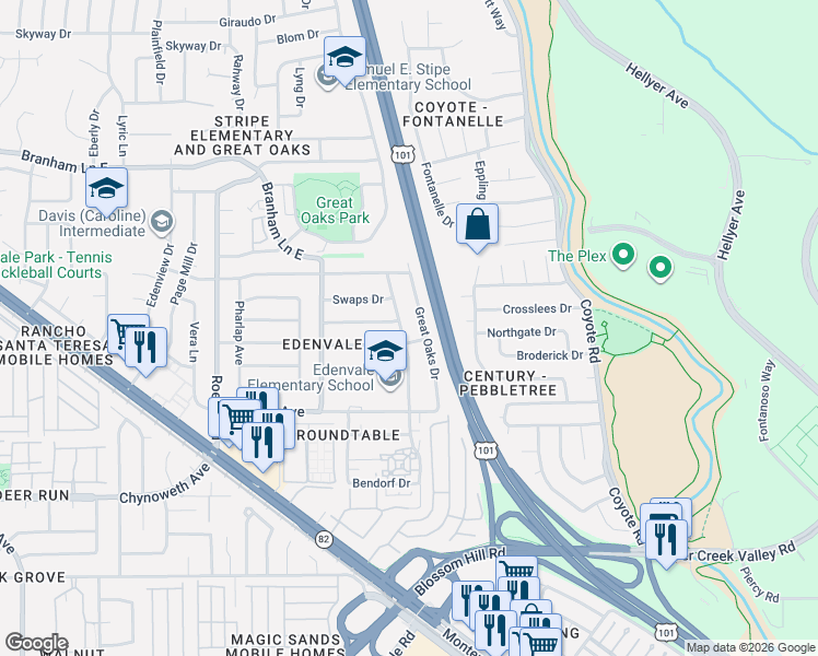 map of restaurants, bars, coffee shops, grocery stores, and more near 5245 Carryback Avenue in San Jose