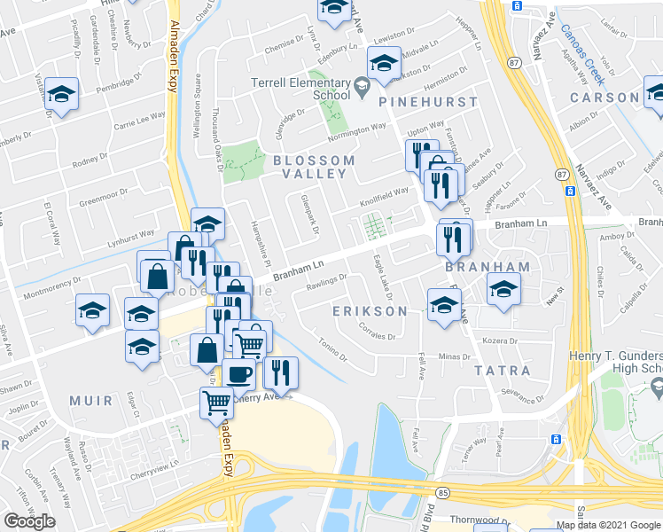 map of restaurants, bars, coffee shops, grocery stores, and more near 4615 Glenmont Drive in San Jose