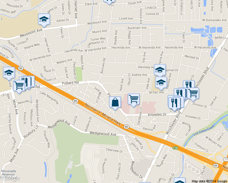 map of restaurants, bars, coffee shops, grocery stores, and more near 1209 West Parr Avenue in Campbell