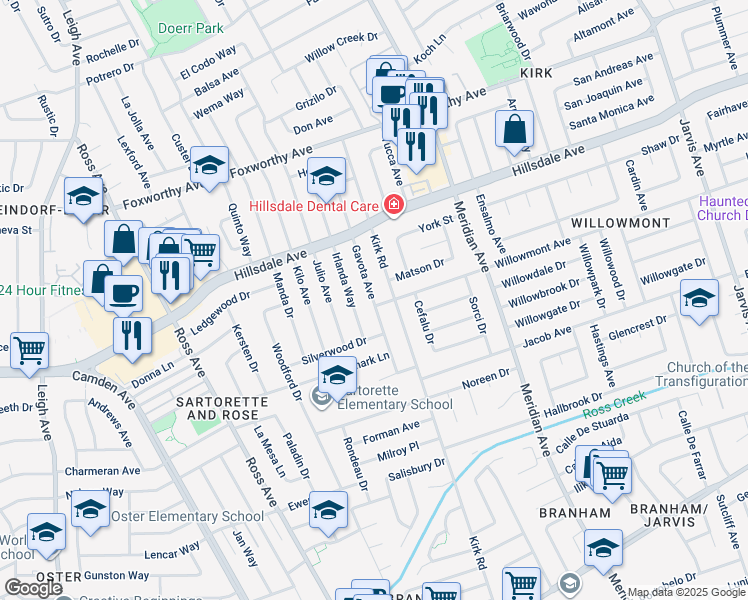 map of restaurants, bars, coffee shops, grocery stores, and more near 3603 Gavota Avenue in San Jose