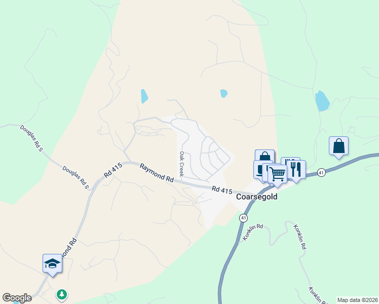 map of restaurants, bars, coffee shops, grocery stores, and more near 46041 Road 415 in Coarsegold