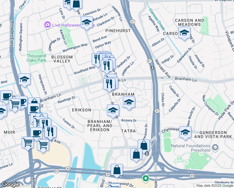 map of restaurants, bars, coffee shops, grocery stores, and more near 4636 Columbia River Court in San Jose