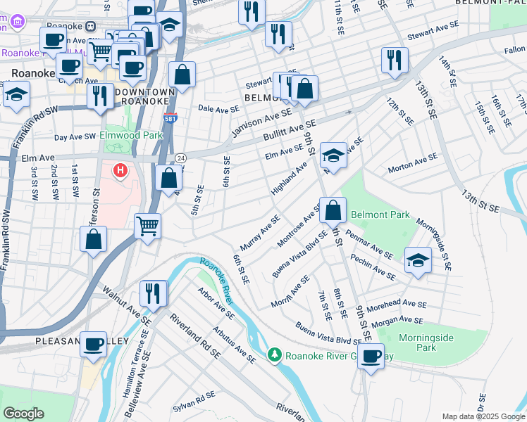 map of restaurants, bars, coffee shops, grocery stores, and more near 662 Albemarle Avenue Southeast in Roanoke