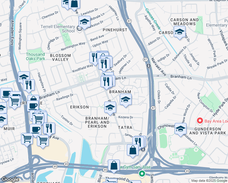 map of restaurants, bars, coffee shops, grocery stores, and more near 4636 Columbia River Court in San Jose