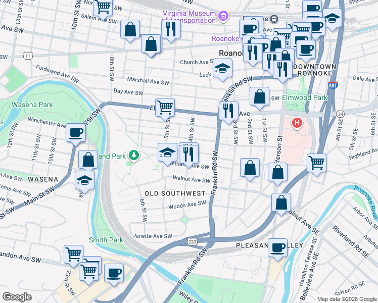 map of restaurants, bars, coffee shops, grocery stores, and more near Washington Avenue Southwest in Roanoke