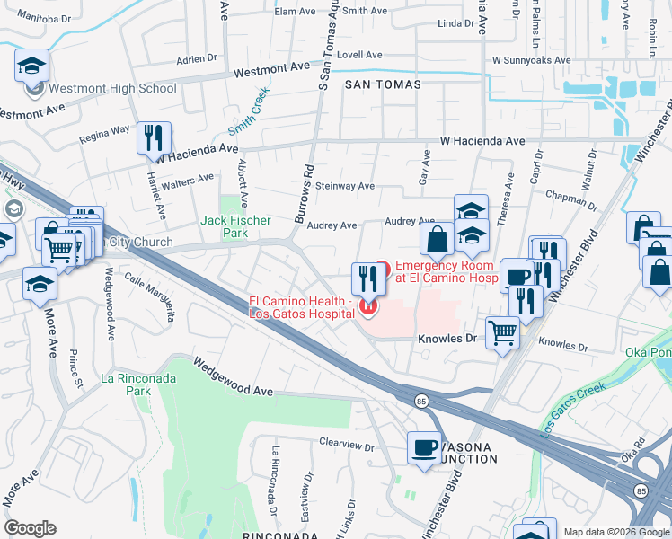 map of restaurants, bars, coffee shops, grocery stores, and more near 1209 West Parr Avenue in Campbell