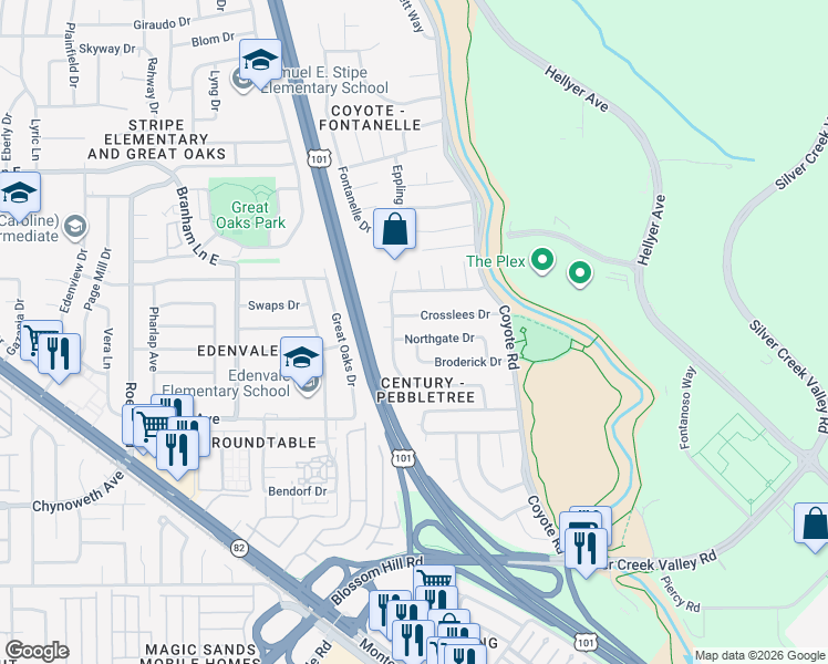 map of restaurants, bars, coffee shops, grocery stores, and more near 480 Crosslees Drive in San Jose