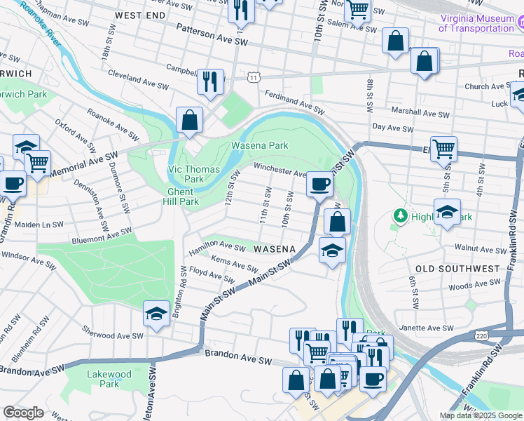 map of restaurants, bars, coffee shops, grocery stores, and more near 1102 Wasena Avenue Southwest in Roanoke