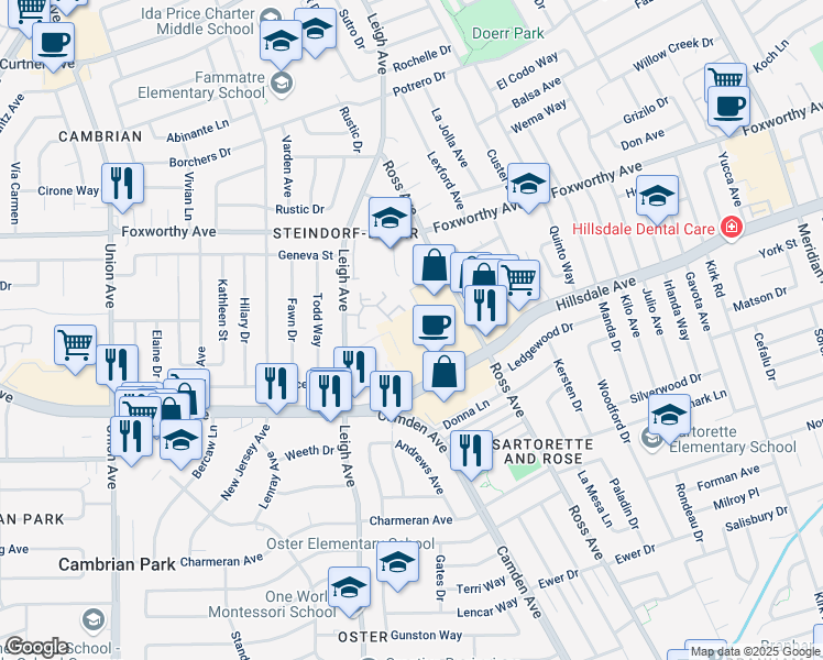 map of restaurants, bars, coffee shops, grocery stores, and more near 1825 Hillsdale Avenue in San Jose